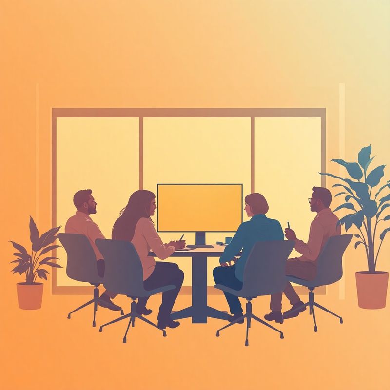 Warm illustration of a small diverse Goldcoastnet team gathered around a shared screen in a Canberra office